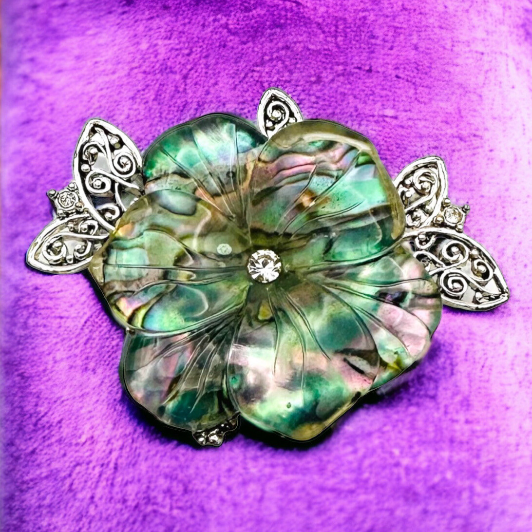 Vintage Lucite Cellulose Acetate Flower Brooch Rhinestones Faux Abalone MCM