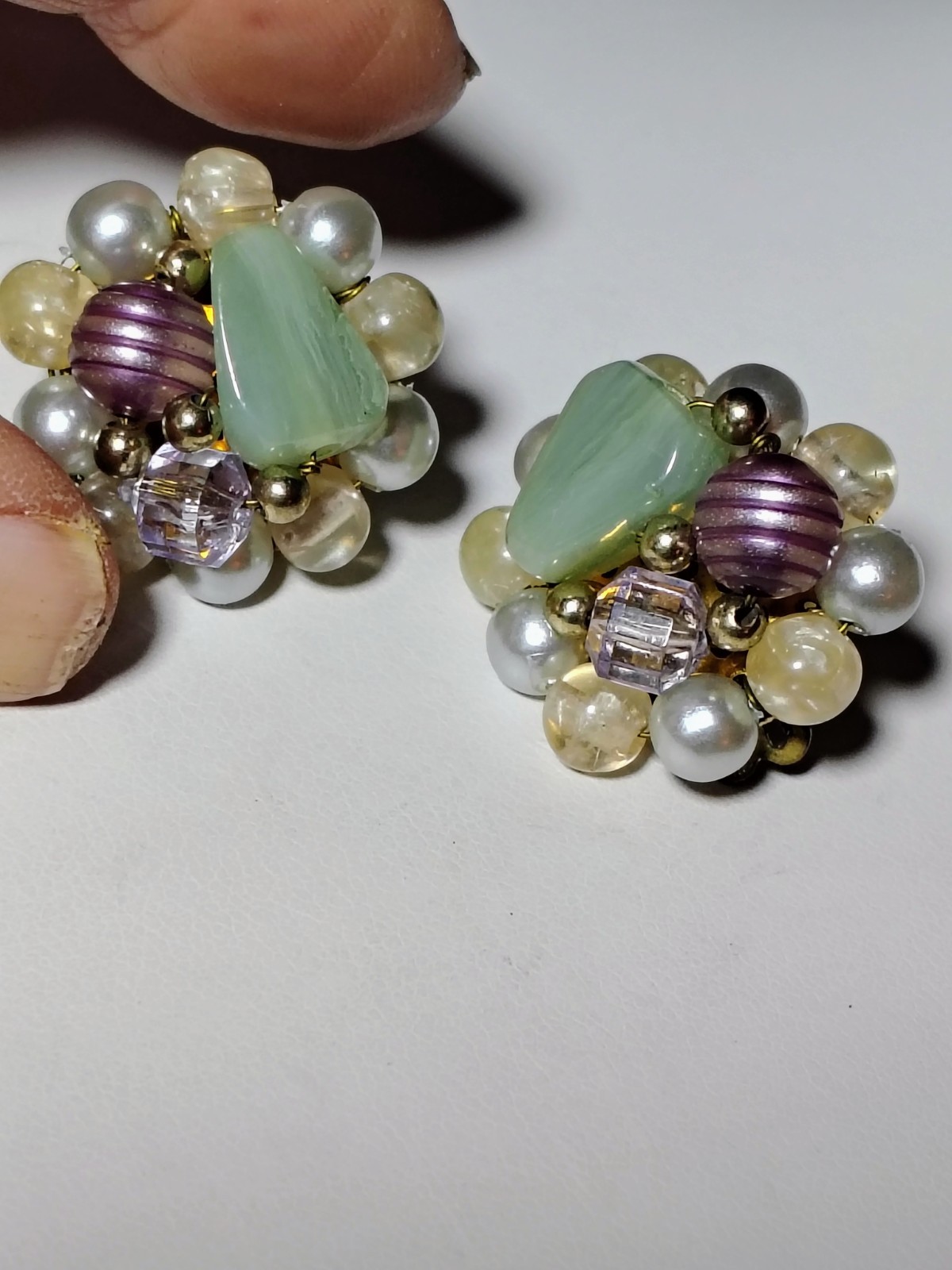 S401 Vtg Set Japan Multi Strand Beaded Necklace Clip Earrings Glass Faux Pearl