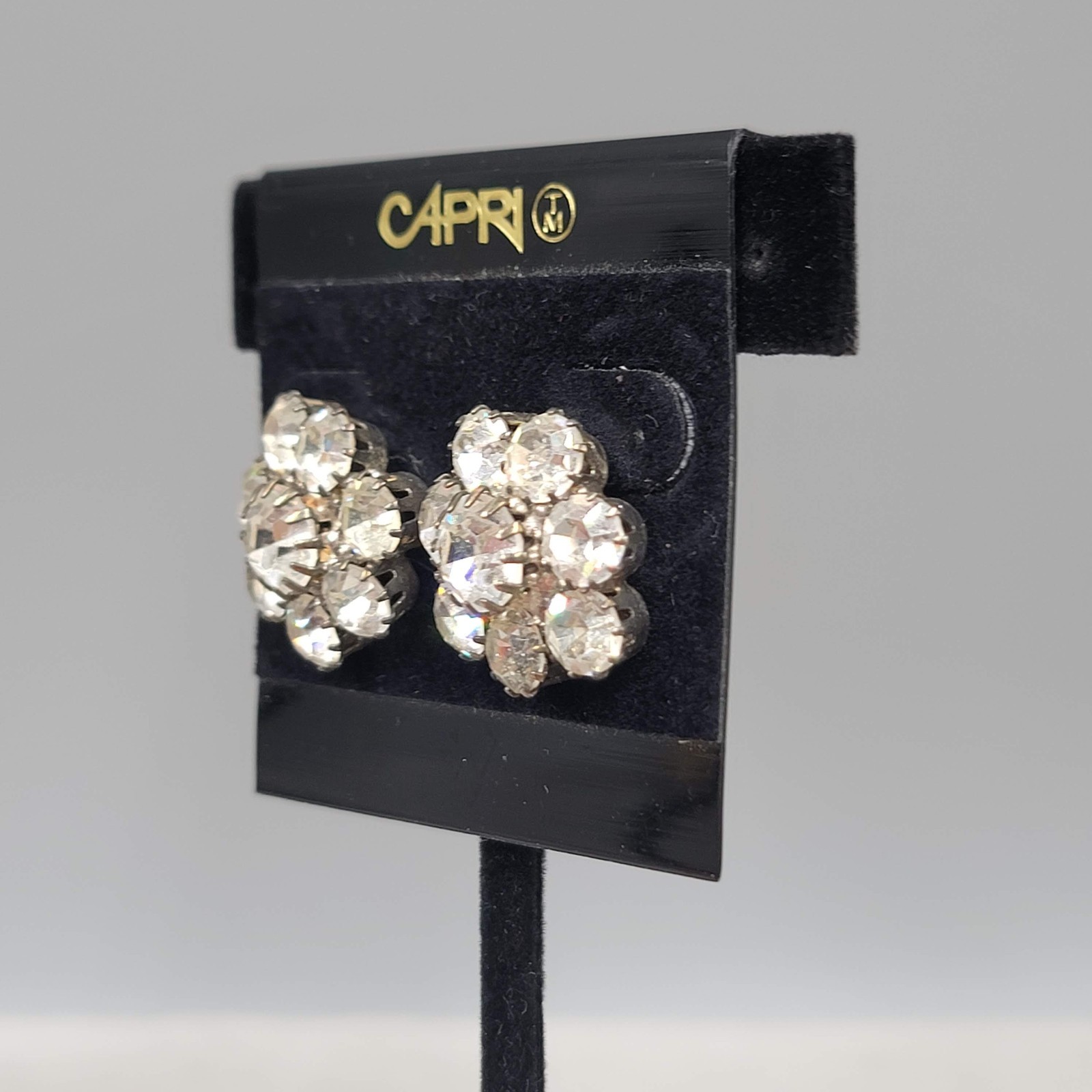 Vintage Capri Sparkle Rhinestone Pierced Earrings Drop 1″