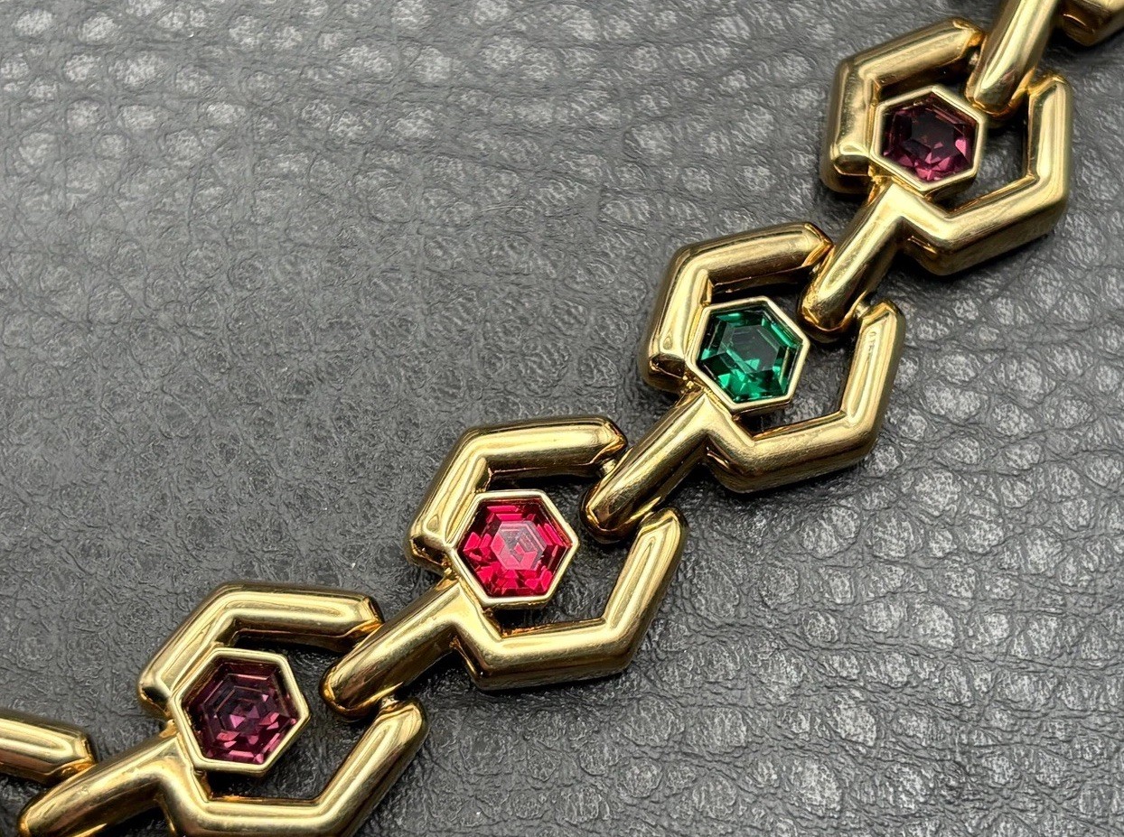 VTG 80s SWAROVSKI SWAN Gold Tone Hexagon Link Bracelet Green Purple Red Crystal