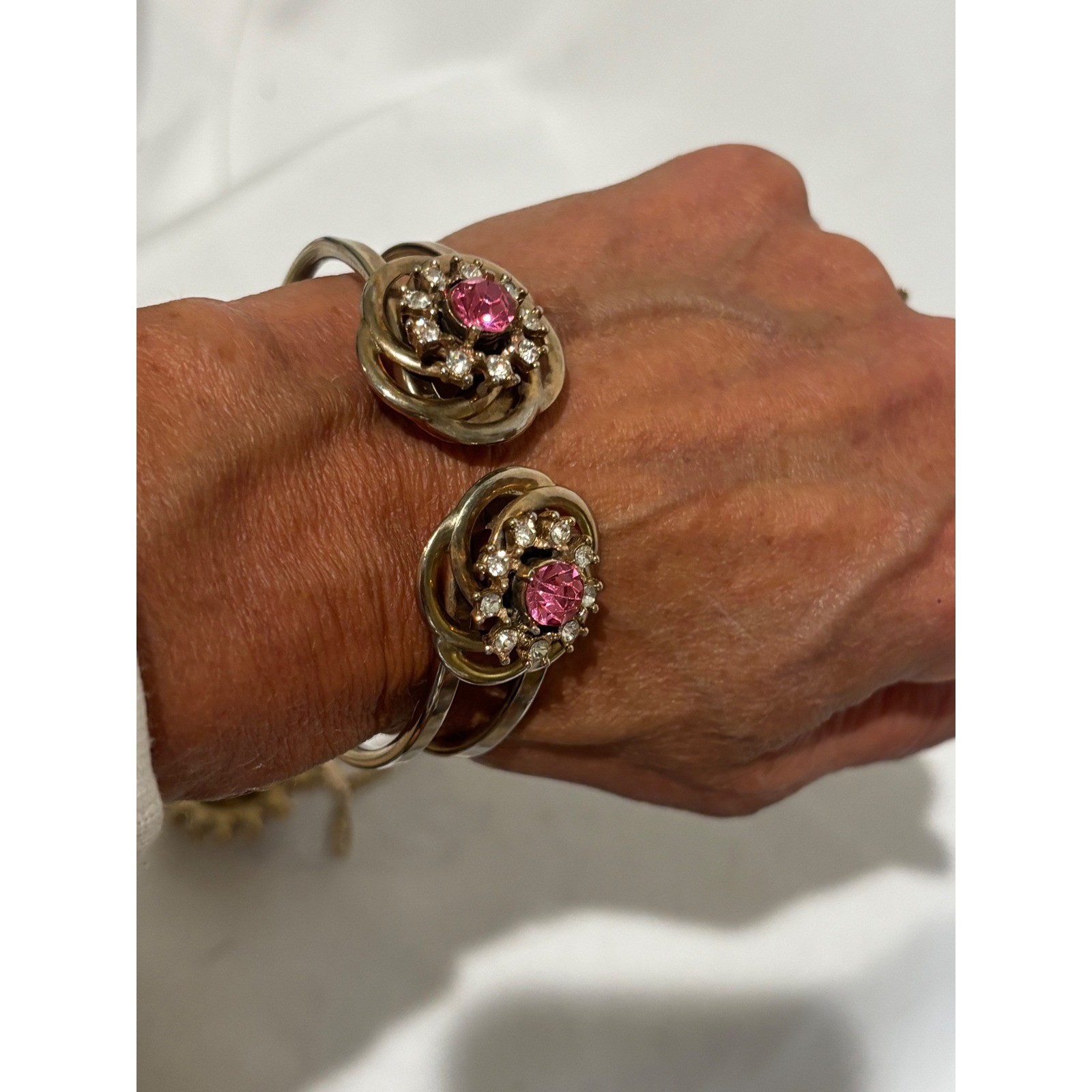 Vintage Gold Pink Rhinestone Jewelry Set Necklace Brooch Bracelet Earring Luxury