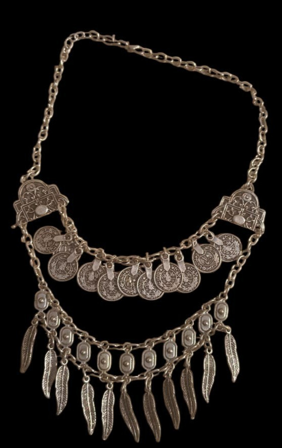 Vintage Silver Tone Boho Coin Feather Tassel Layered Necklace Gypsy Bibi Women