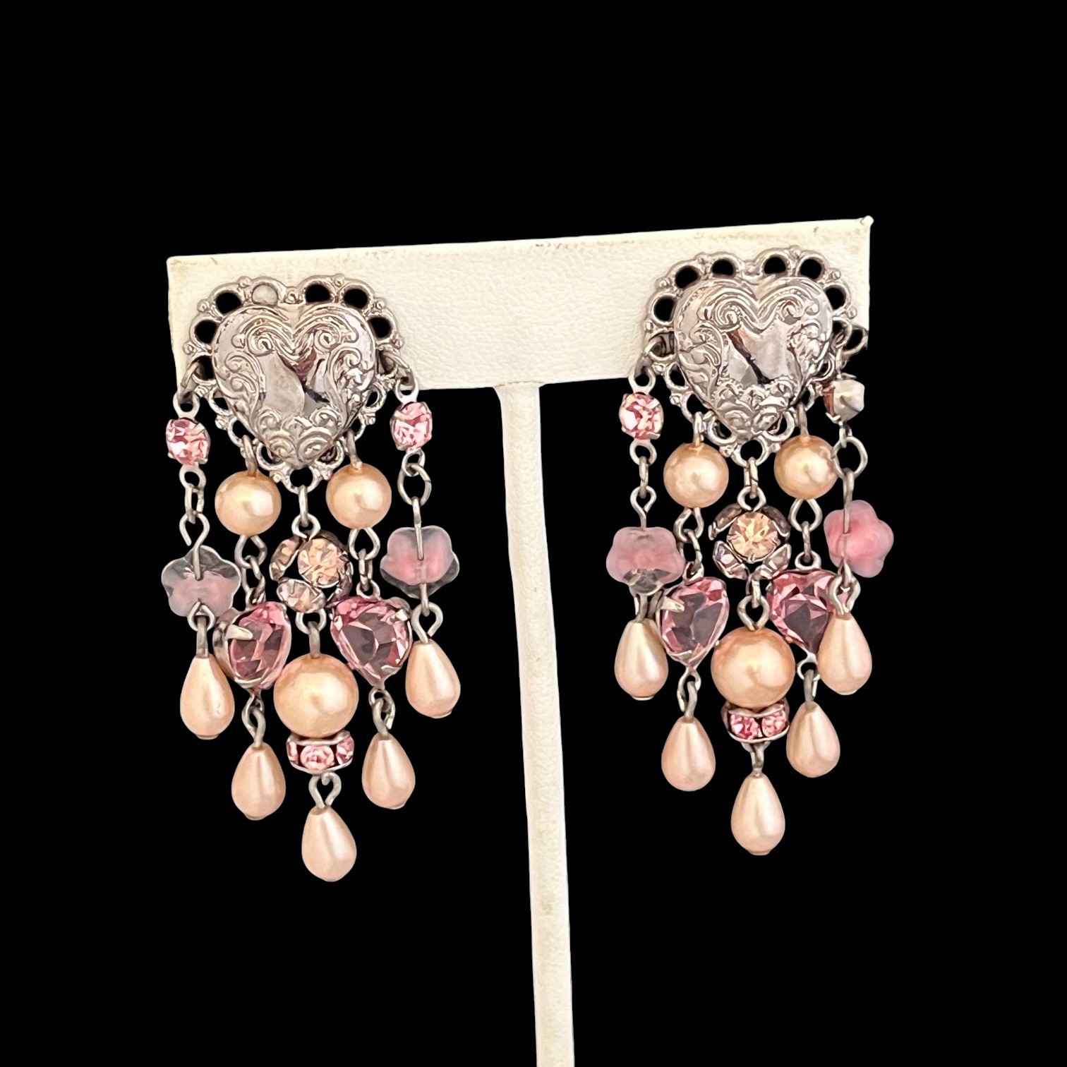 Vintage 1990s Kirks Folly Heart Crystal Pearl Clip Earrings – 10K