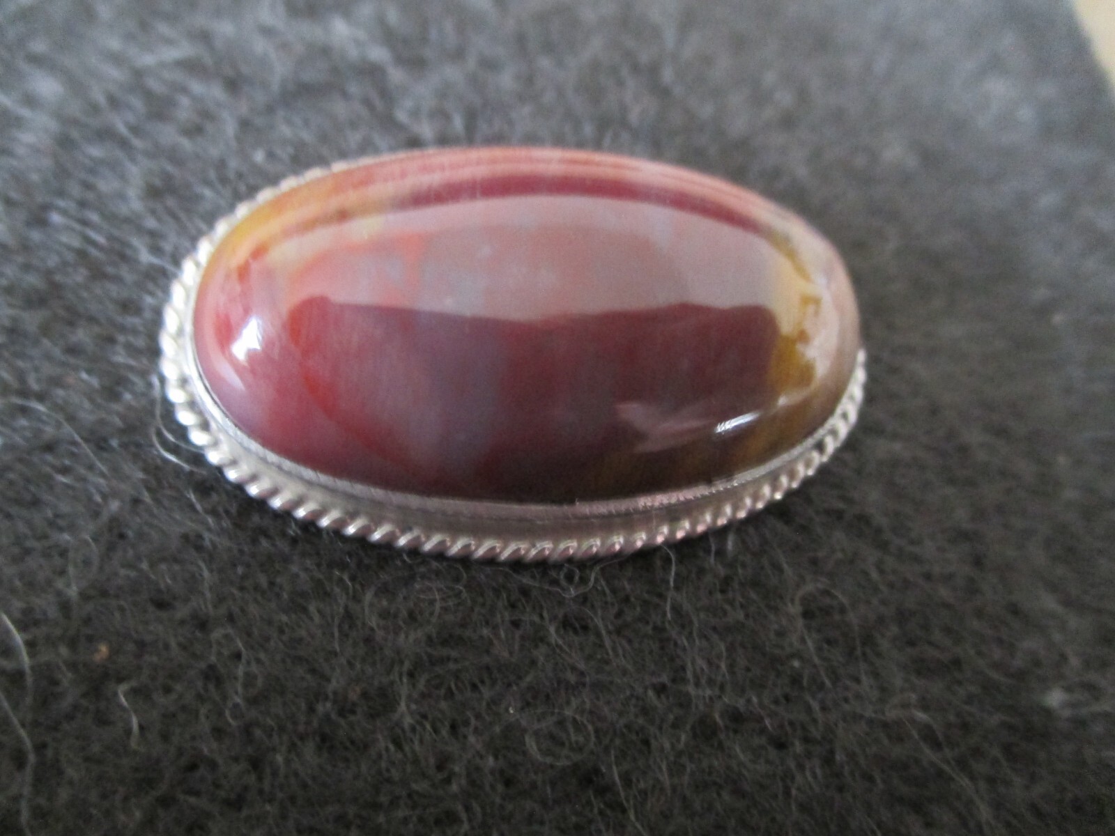 Vintage Oval Polished Jasper & Silver Tone 1-1/2″ Cabochon Pin Brooch AZJ