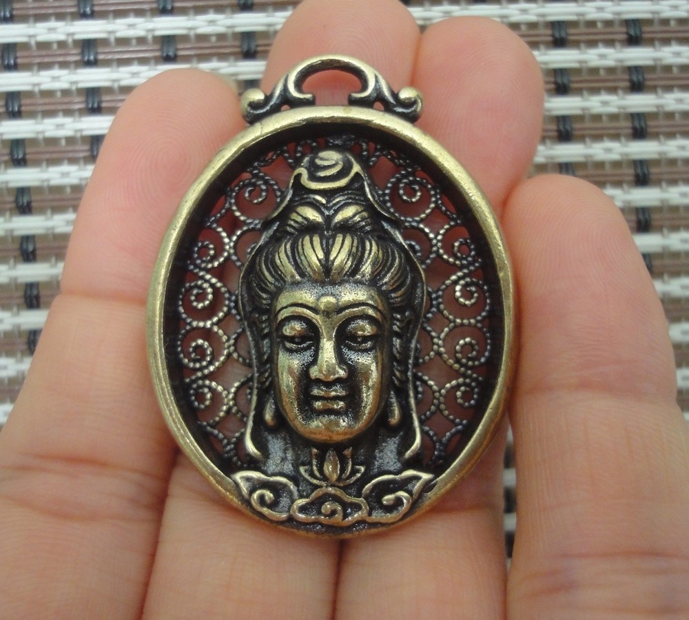 Vintage Style Pure Brass GuanYin Buddha Figurine Statue Pendant