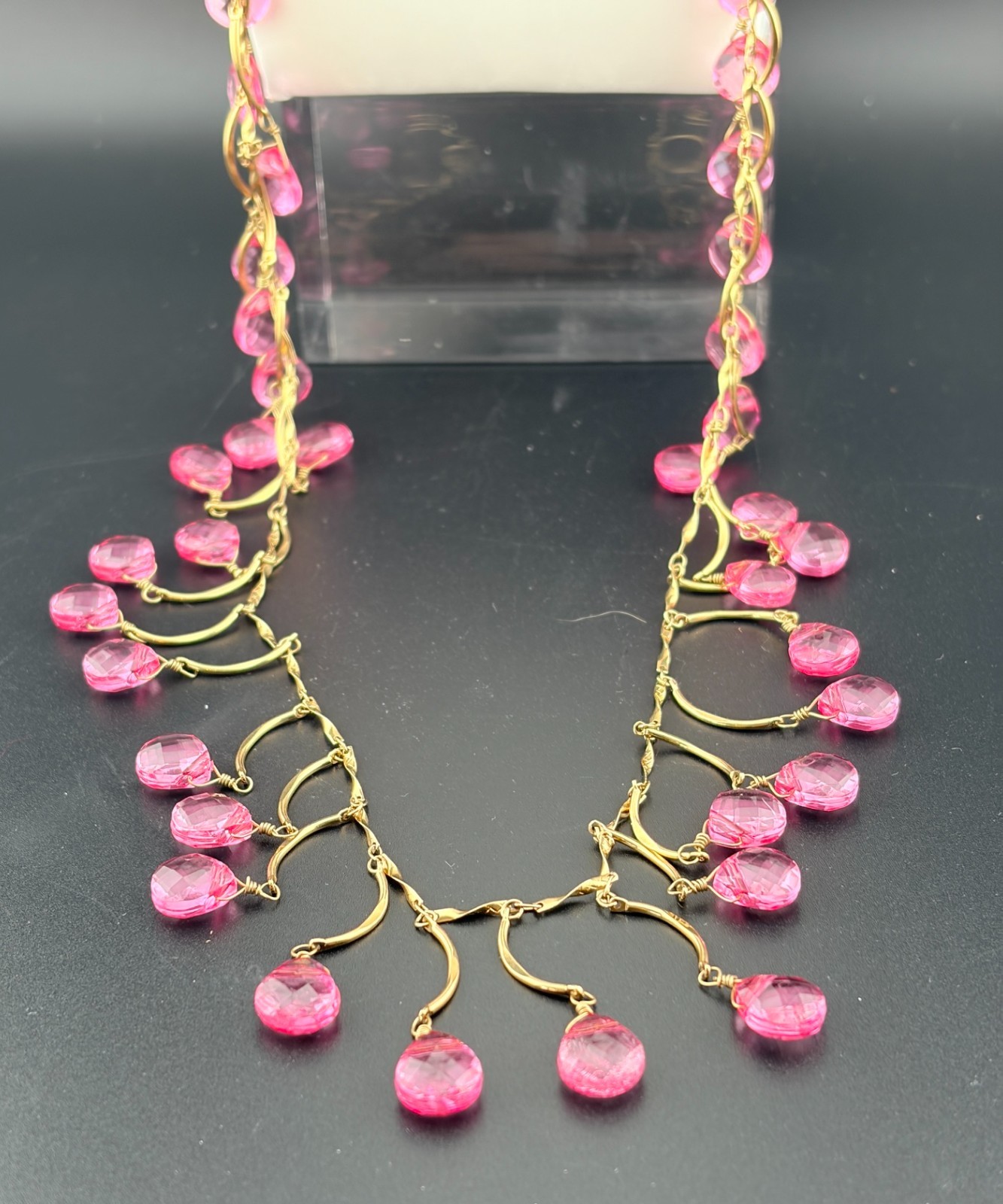 Nolan Miller Long Necklace Vtg Gold Tone Pink Faceted Acrylic/Resin Bead Signed