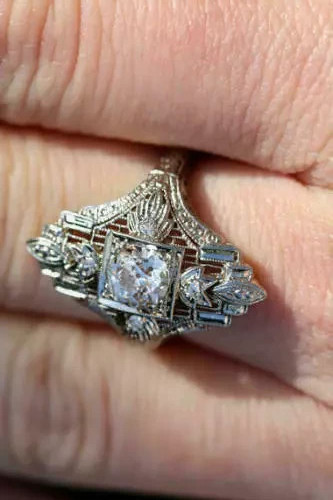 Vintage Art Deco Style Lab Created Diamond Filigree 14K White Gold Finish Ring