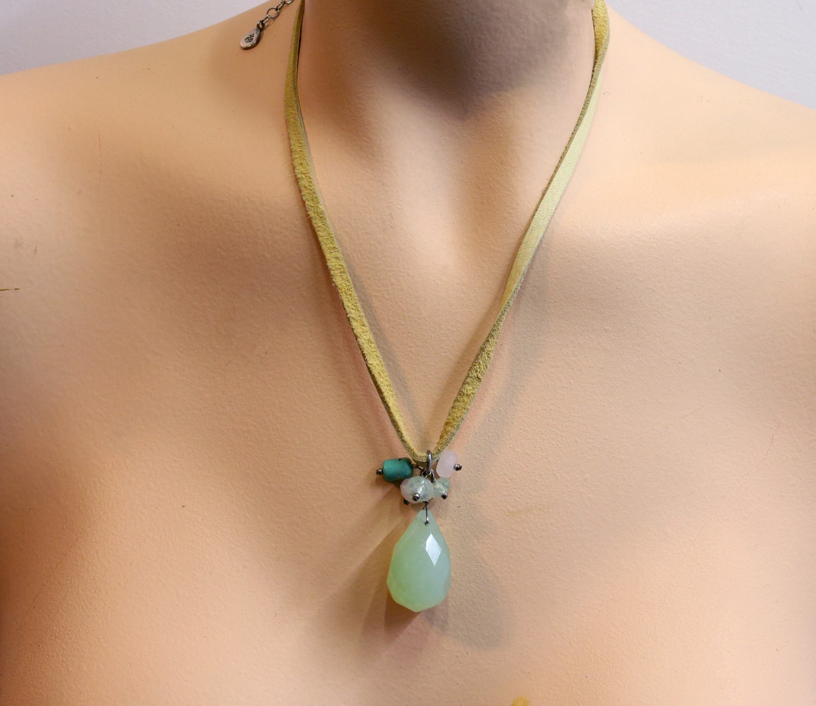 BARSE Sterling Necklace 20″ Suede Green Faceted Pendant Beads .925 Silver VTG