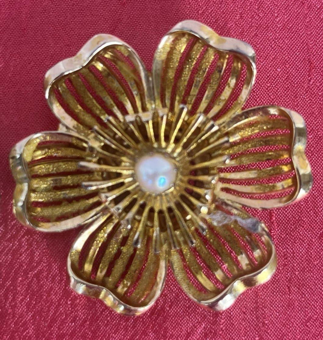 Two Vintage Signed Gold Tone Pin/Brooches- Shells & Flower Coro & Kramer- Look!