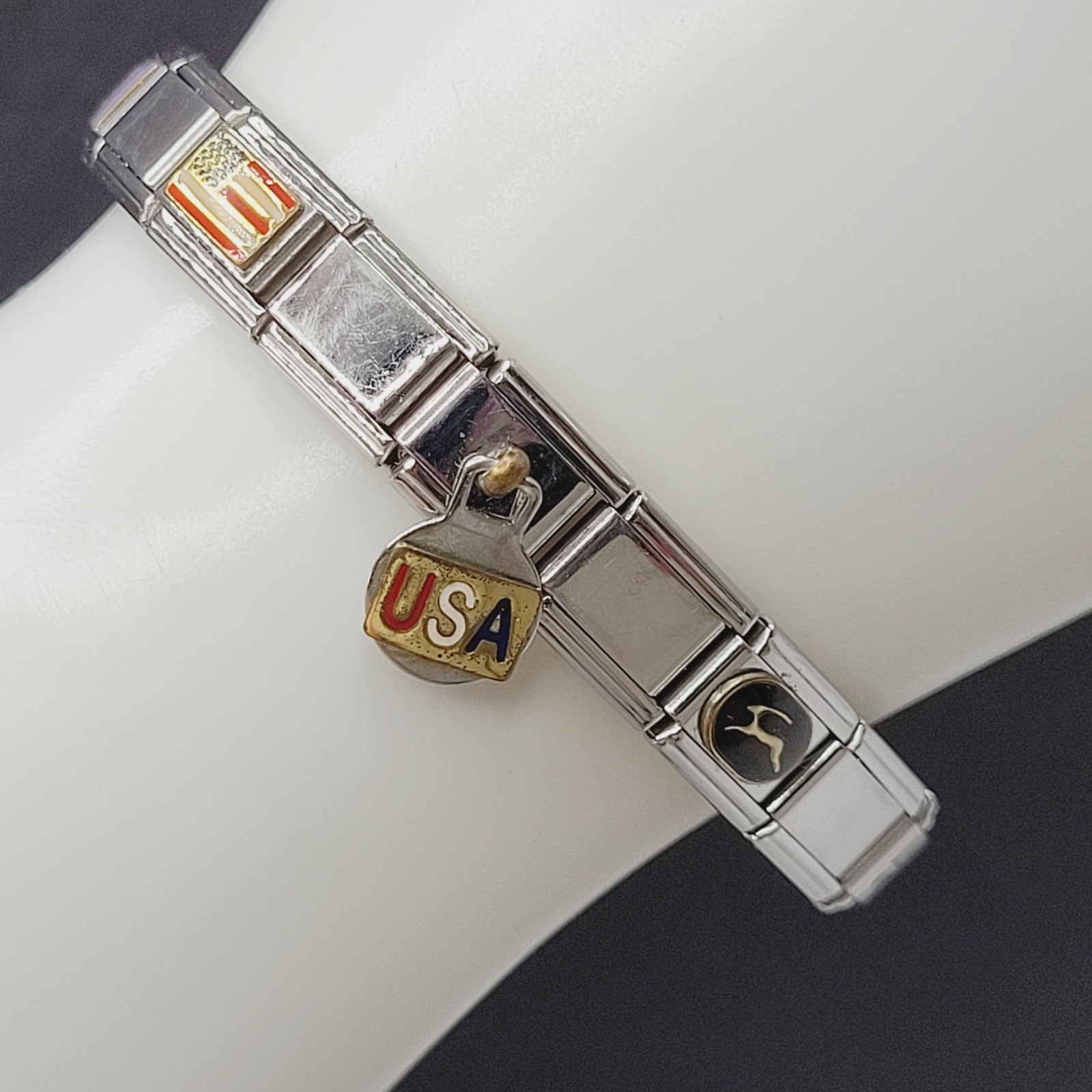 Vintage Italian Style Modular Stainless Steel Charm Bracelet w Mom USA Flag Dog