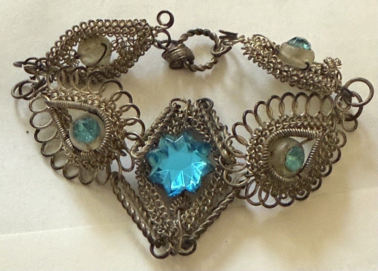Vintage/Antique Victorian Style Silver Metal Bracelet Aqua Rhinestones No Clasp