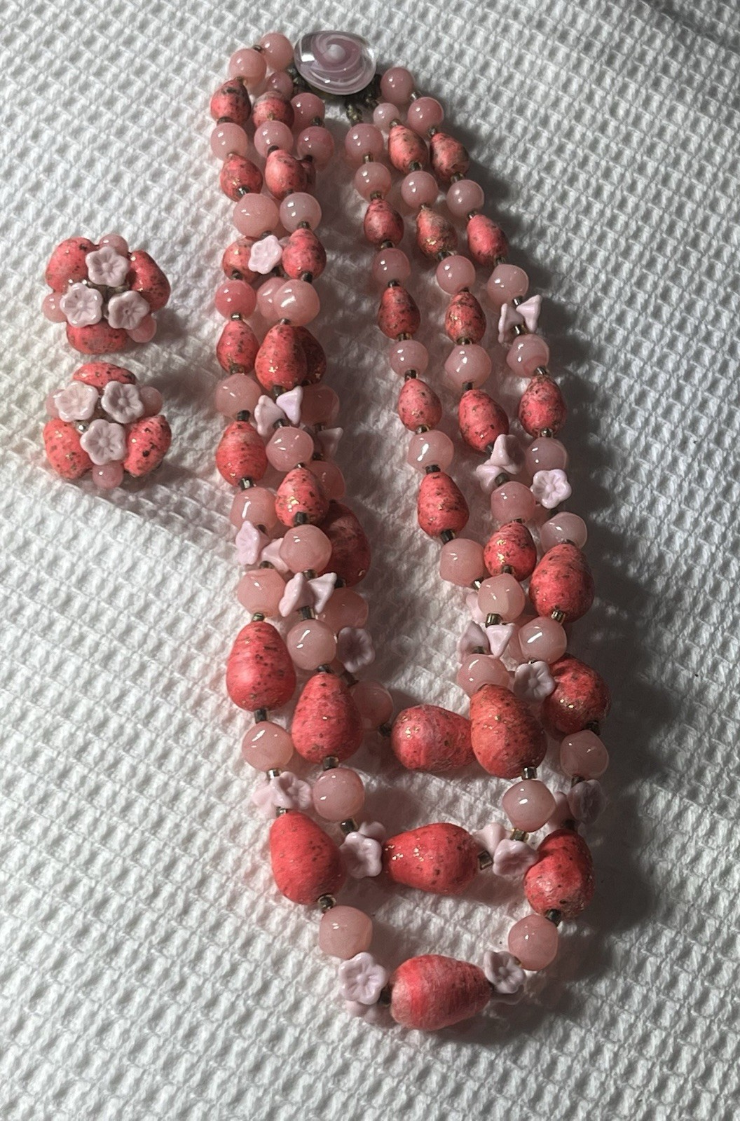 Vintage Jewelry Set Japan 3 Strand Beaded Necklace And Matching Clip Earrings