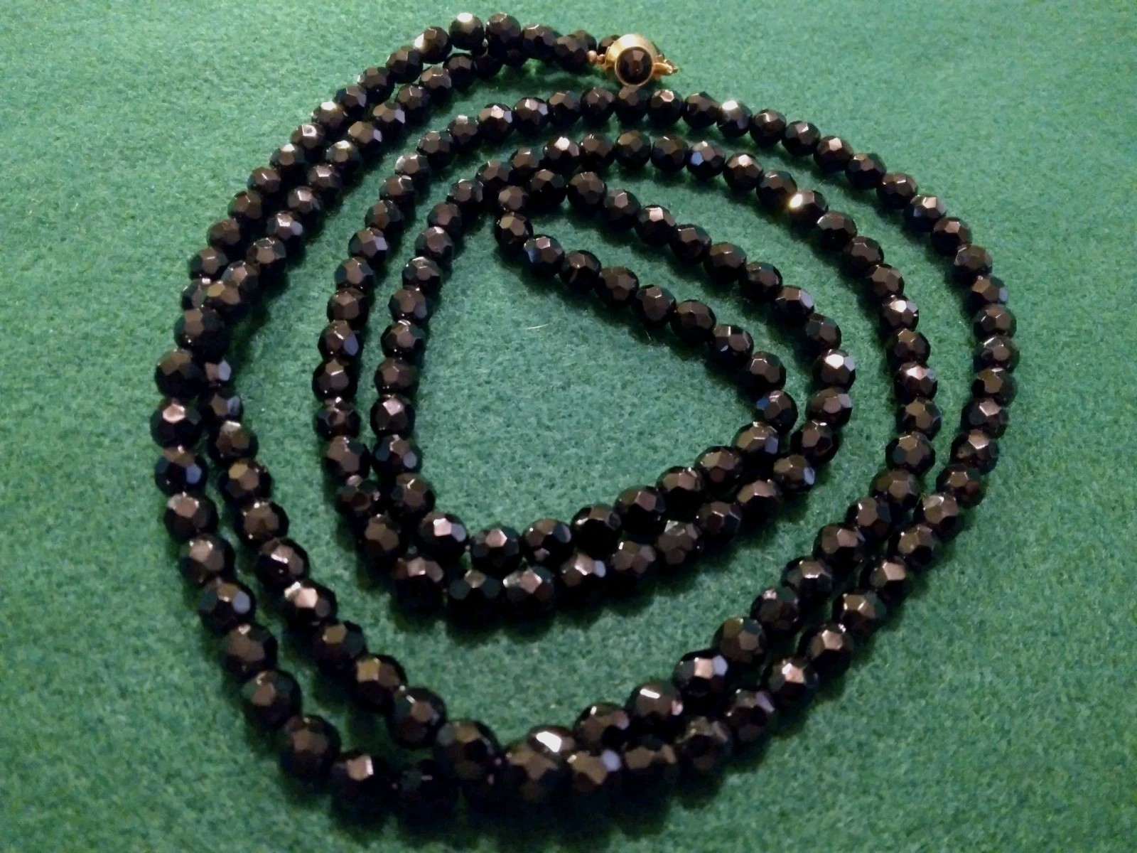 Vintage Jet Black Glass Necklace Jeweled Clasp Flapper Length 6mm Bead Sparkles