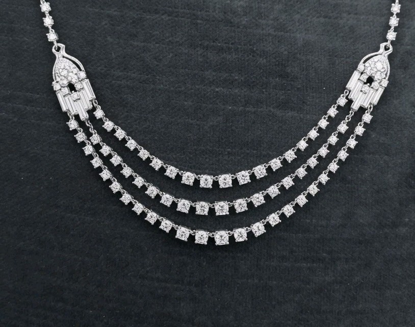 Vintage 925 Sterling Silver Art Deco Multi-Strand Crystal Rhinestone Necklace