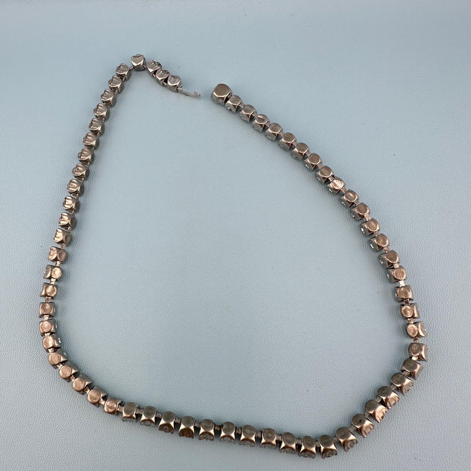 Vintage Rhinestone Choker Necklace Silver Tone Cup Chain Riviere Old Hollywood