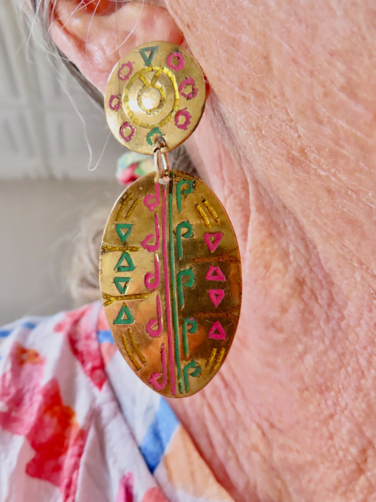 Vintage 1980’s Brass Metal w/Colorful Brites Dangle Pierced Earrings