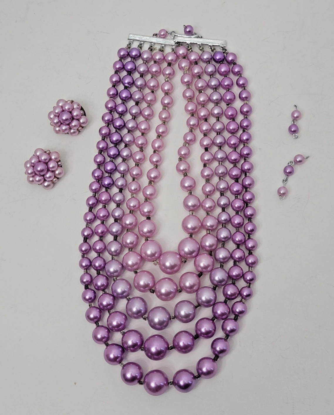 Vintage Lilac Imitation Glass Pearl Necklace & Earring set, 5 Strands