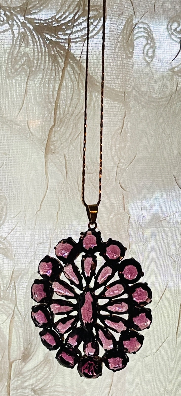 Vintage Czechoslovakia Multiple Diamond Shape Amethyst Pendant Necklace & Chain