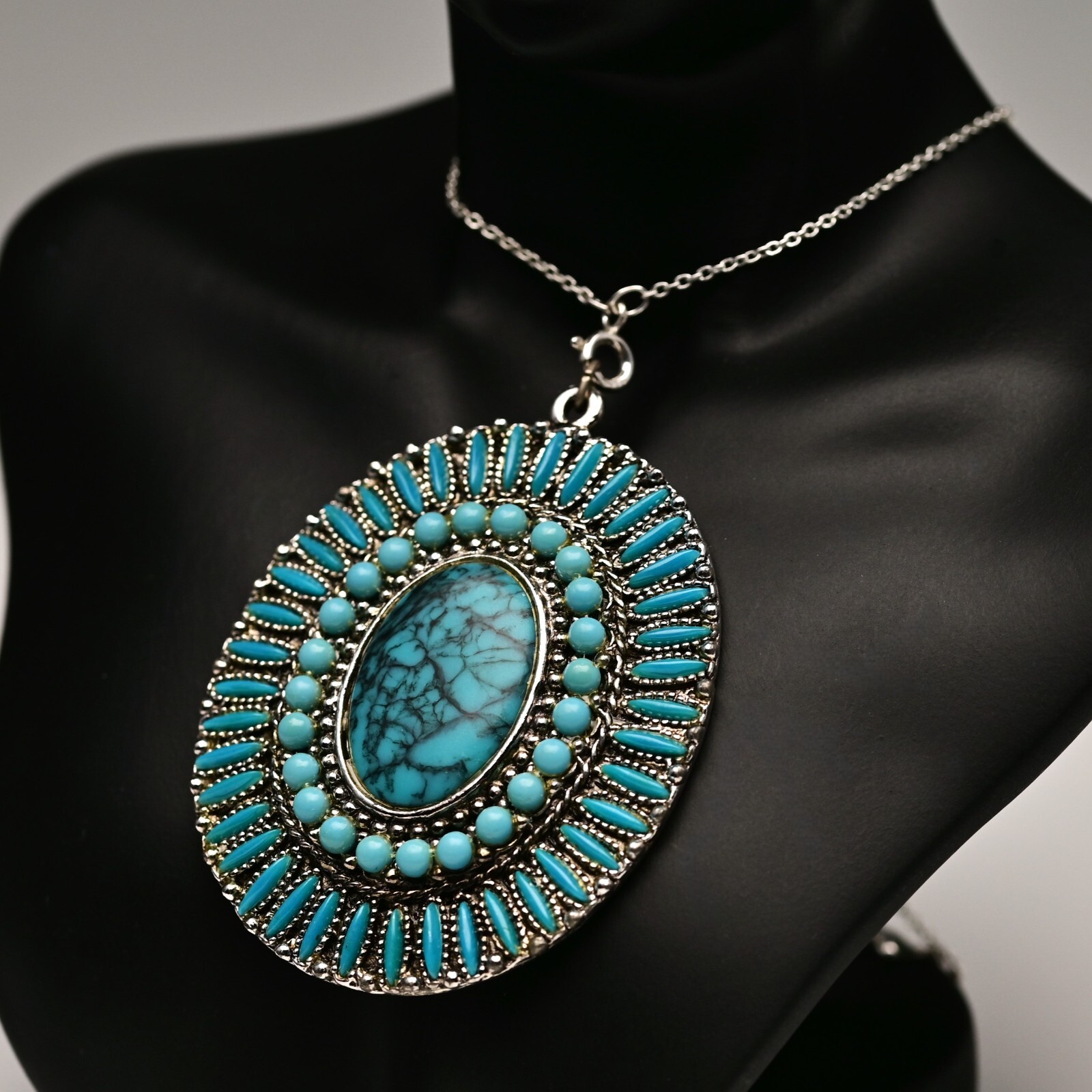 Original Vintage Native Silver Faux Turquoise Gemstone Pendant Estate Necklace