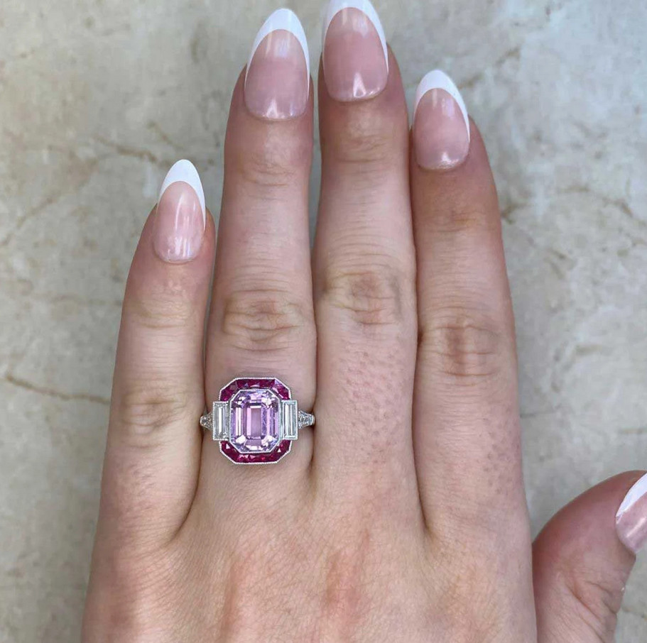 4.0Ct Emerald Cut Lab-Created Diamond & Ruby Halo Engagement Ring In 925 Silver