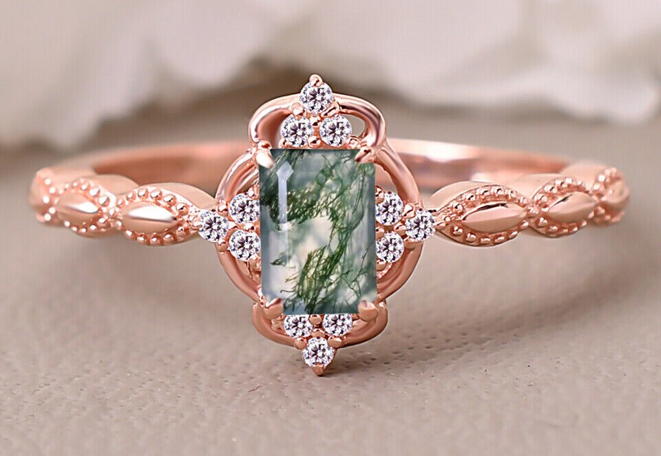Art Deco Moss agate Engagement Ring For Women 925 Sterling Silver Gift For Her