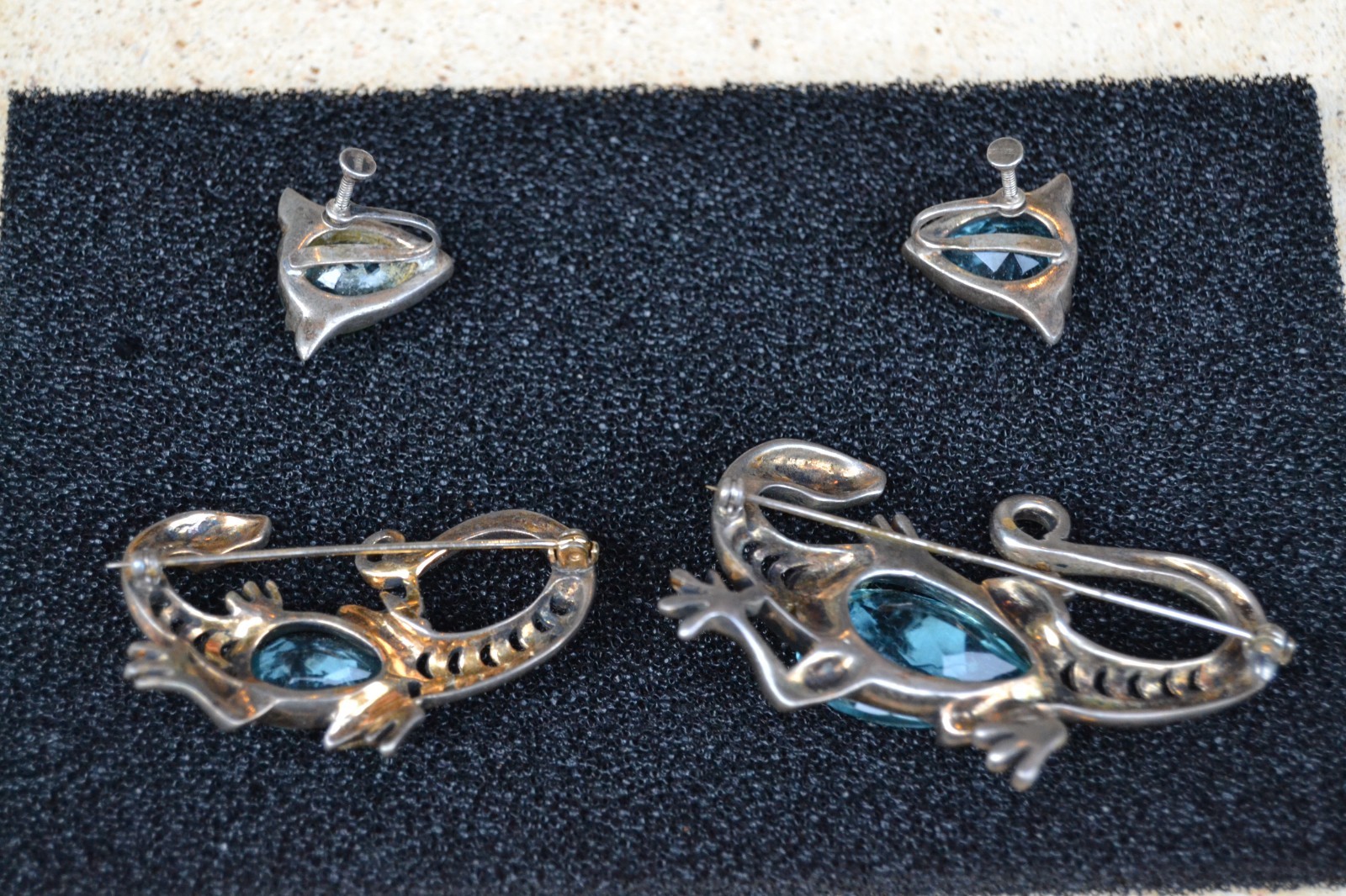 REJA Sterling SALAMANDER LIZARD Brooch Earrings AQUA GLASS BELLY Vtg Set Signed
