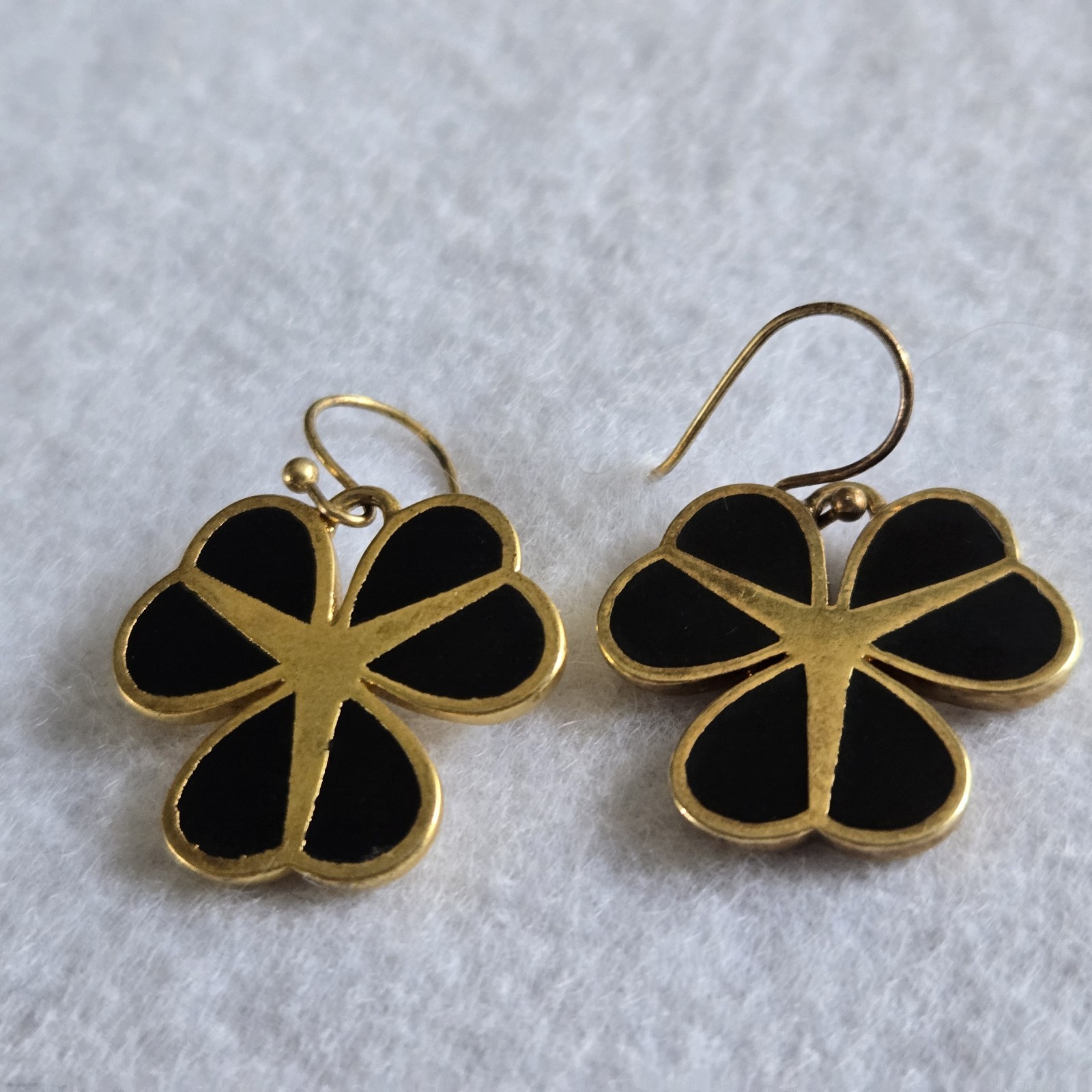 Signed Pilgrim Gold Plate and Black Enamel Clover Shape Dangle Earrings