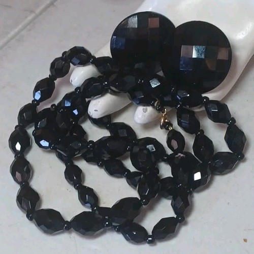 Vtg 50’s Black Glass W Germany Earrings Faceted Bead Graduated Necklace Set