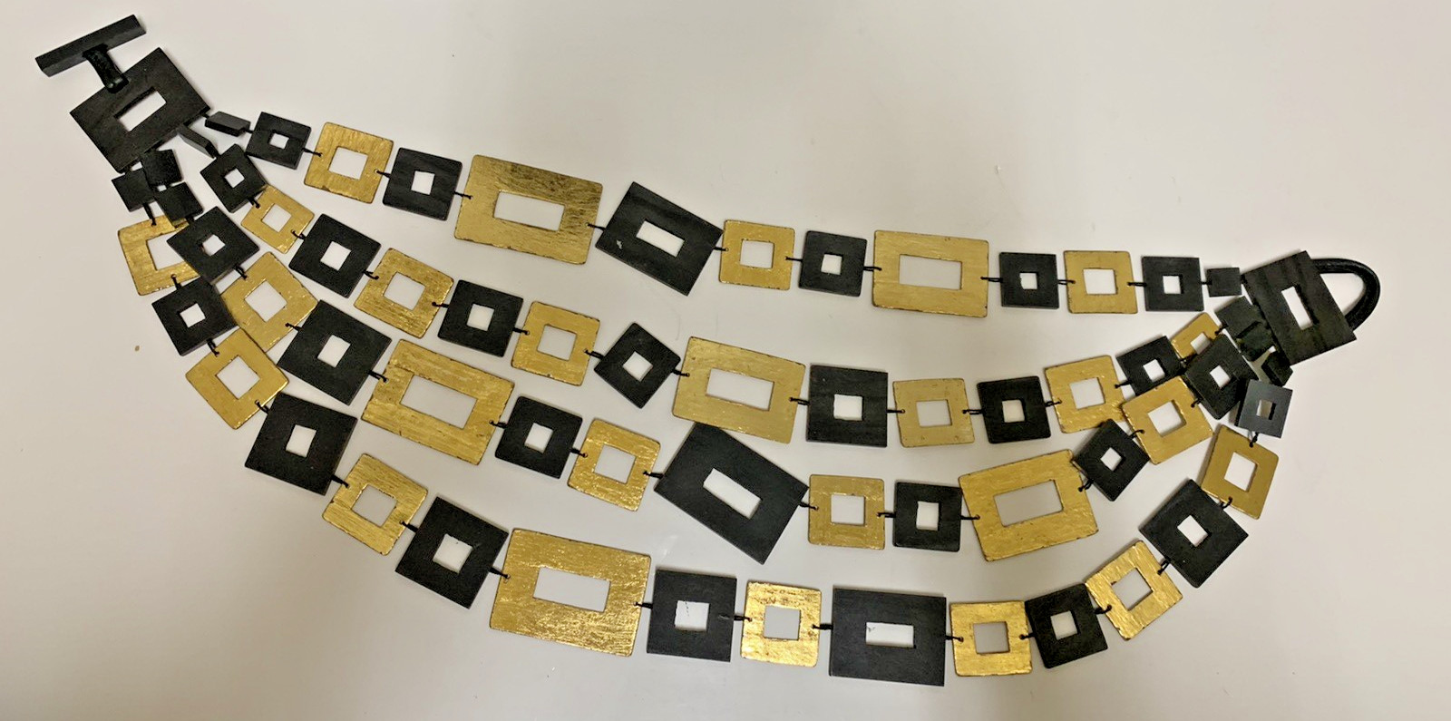 GERDA LYNGGAARD BLACK Wood Rectangles & GOLD Boxes Statement Couture Necklace