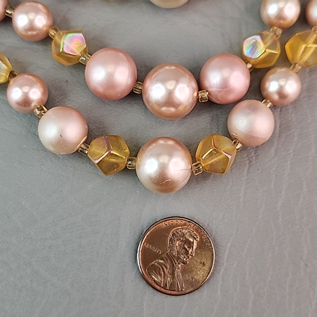 Vintage Faux Pearl Beaded Necklace Cream Pink Acrylic AB Yellow Glass Japan 16″