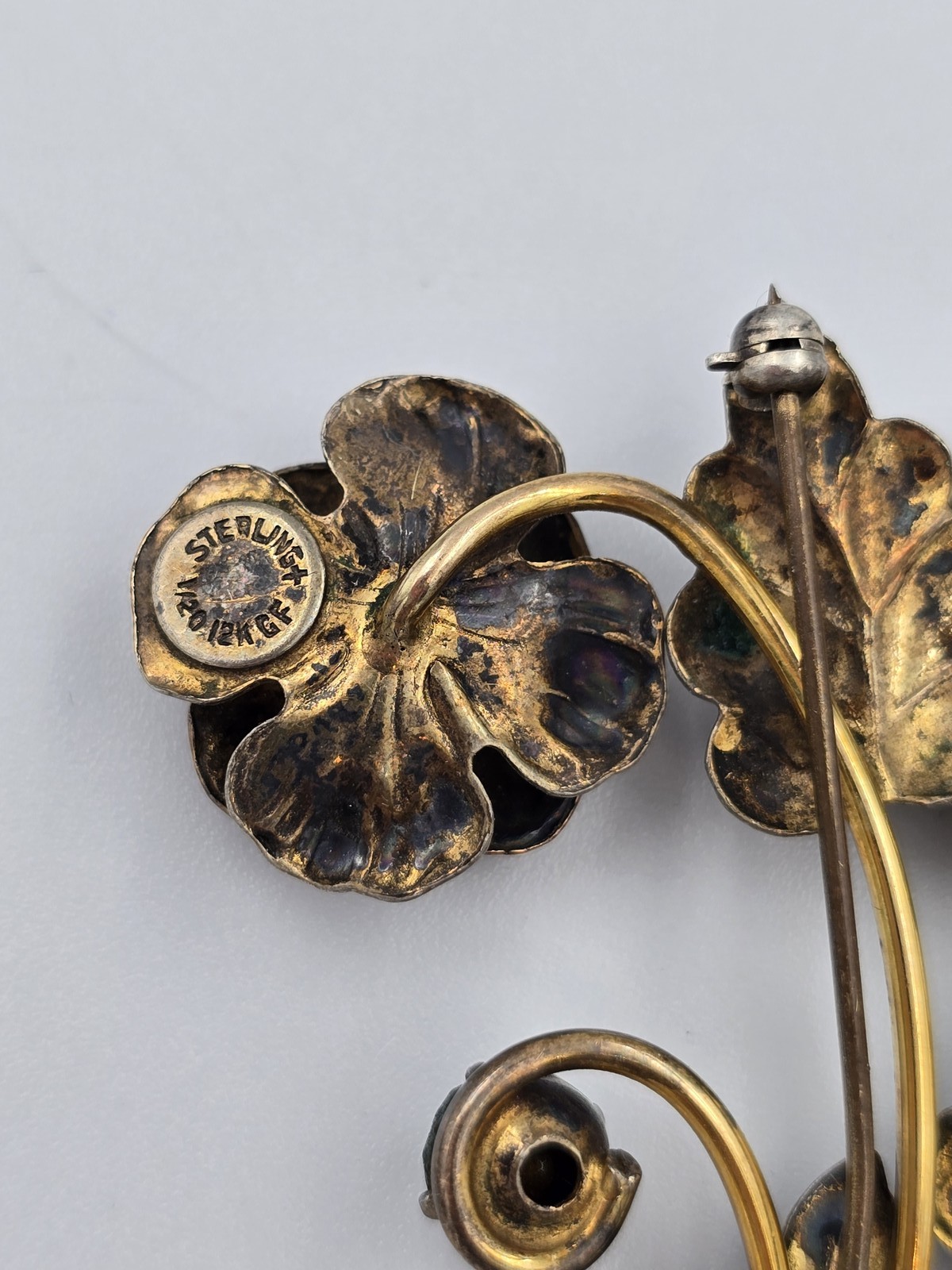 Vintage Sterling Silver 1/20 12K Gold Filled Green Rhinestone Flower Brooch Pin