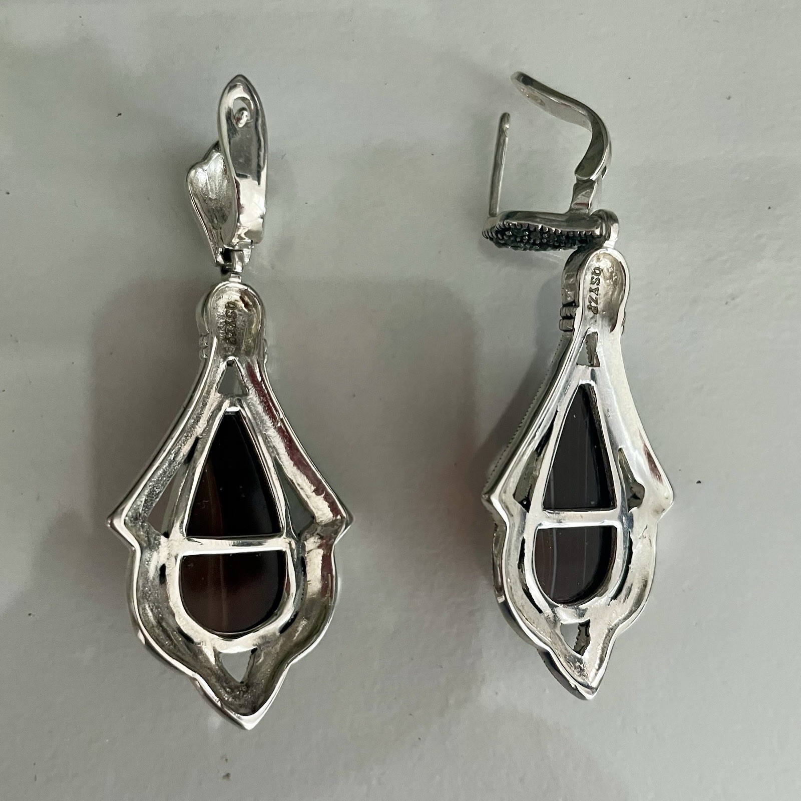 QSYZP Silver Marcasite Banded Agate Sardonyx Teardrop Dangle Earrings Vintage