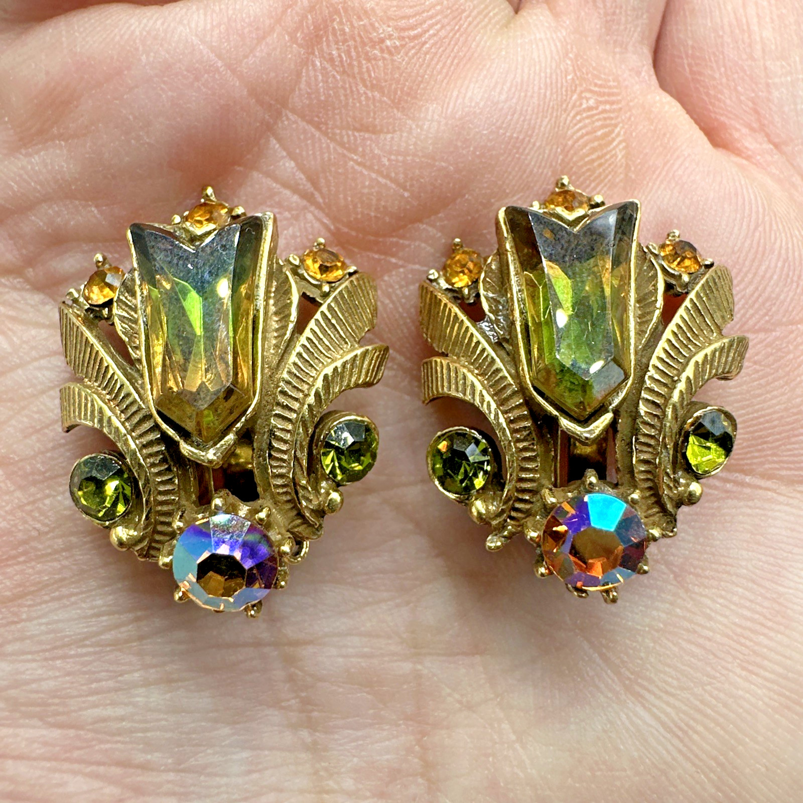 Vintage Florenza Aurora Borealis Earrings Gold Clip AB Rhinestone Art Glass