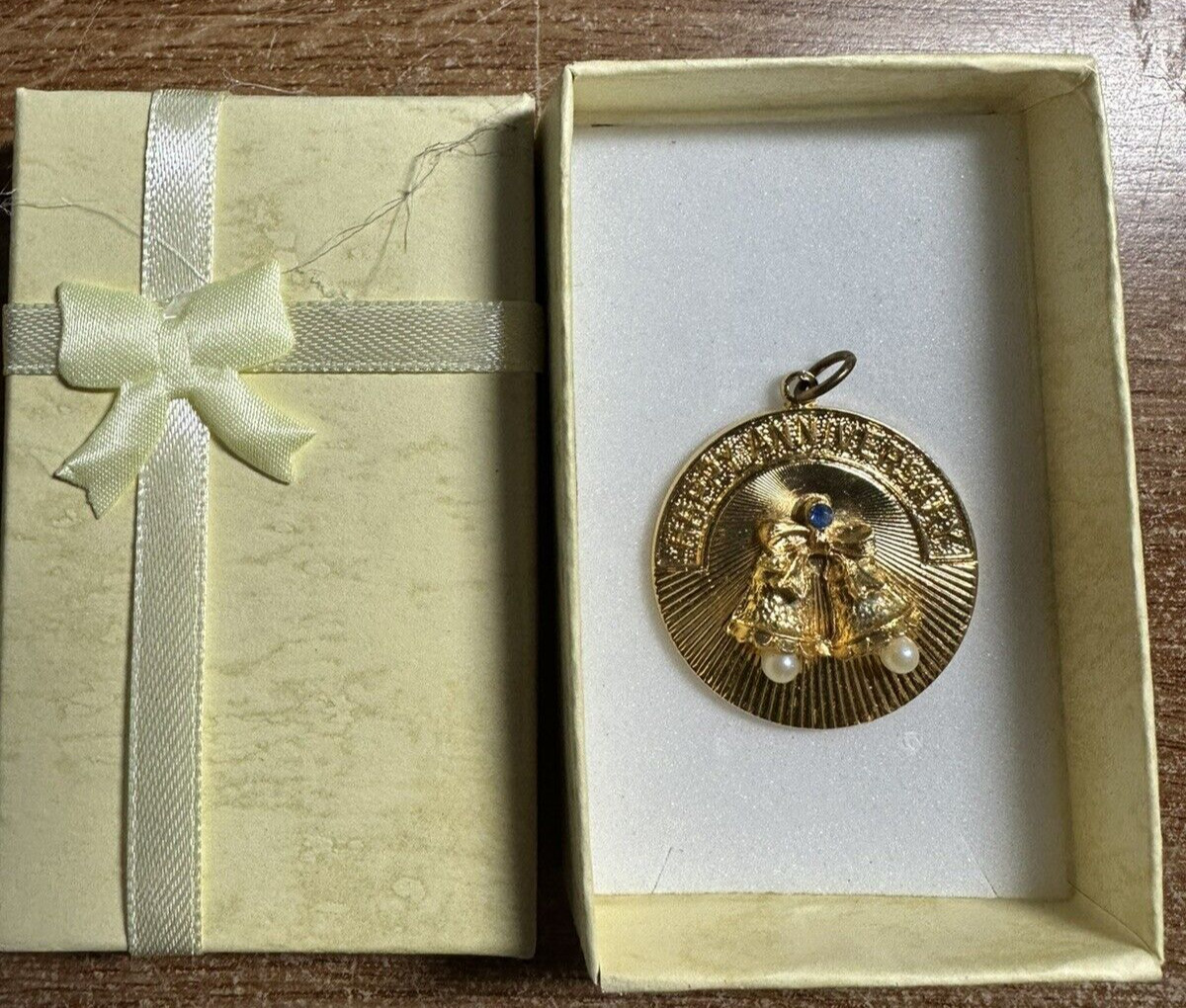 New Gold tone Happy Anniversary Pendant Sarah Coventry bells pearls blue stone