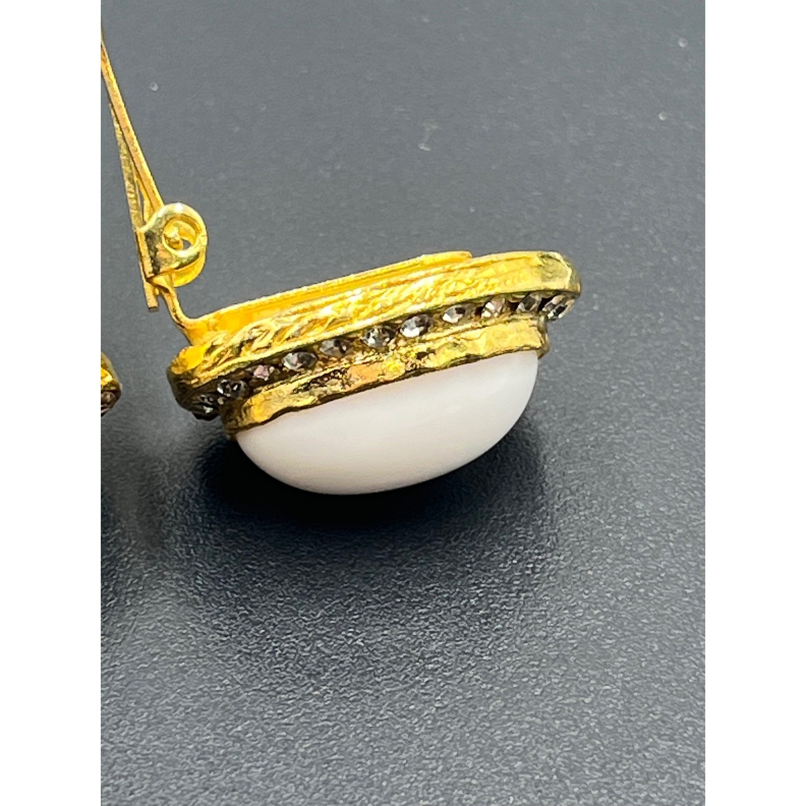 White Milk Glass Vintage Oval Cabochon Clip Earrings Rhinestone Halo GoldTone