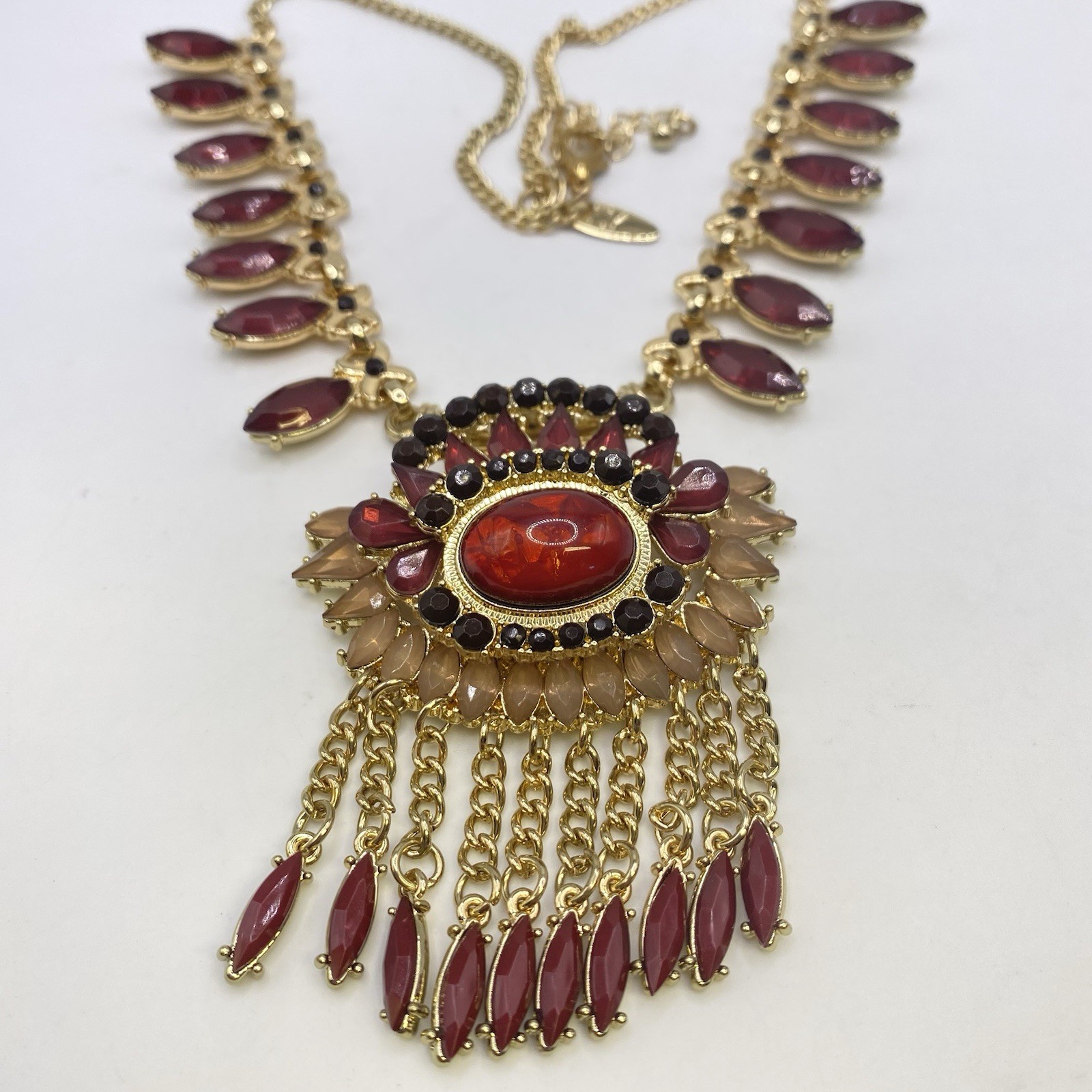NY Signed Rhinestone Cabochon Tassel Statement Necklace Adjustable Jewelry