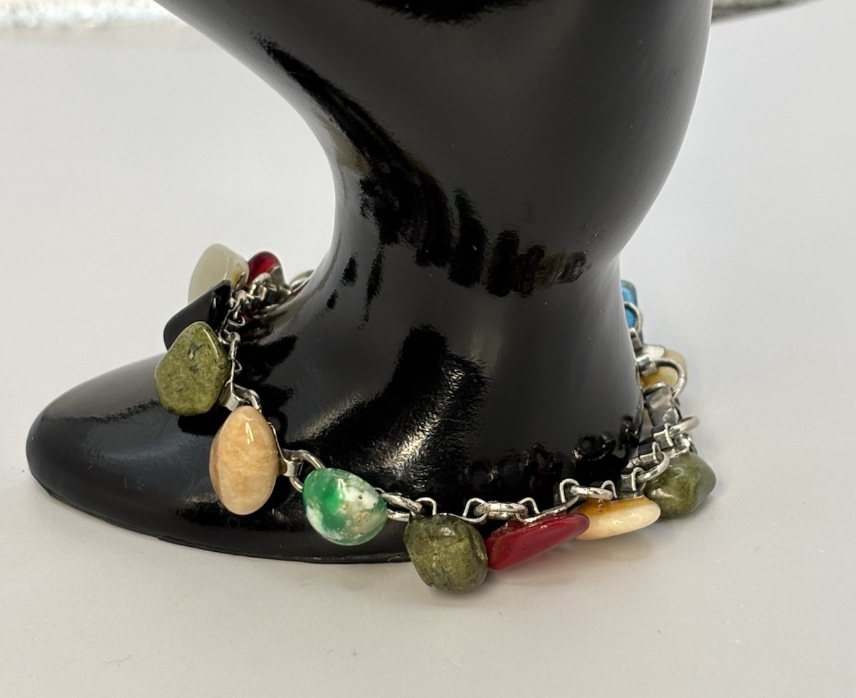 Vintage Link Polished Stone Glass Tumbled Agate Bracelet Rainbow 6.5”