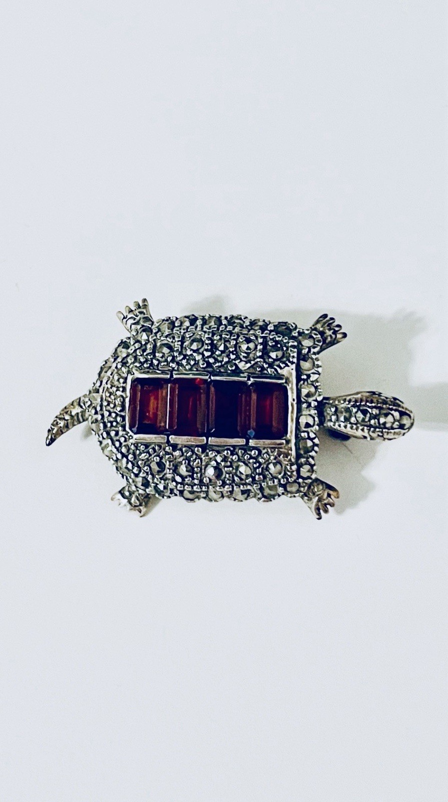 Vintage Signed Sterling Silver 925 TURTLE Red Stones Brooch Pin Fine Jewelry
