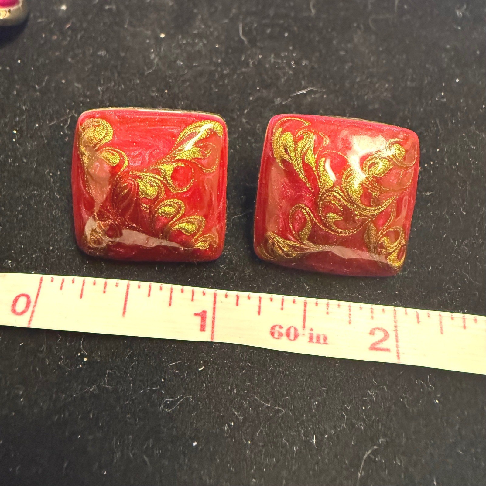 Vintage Red Gold Filigree Marbled Resin Square Stud Statement Earrings 1 Inch