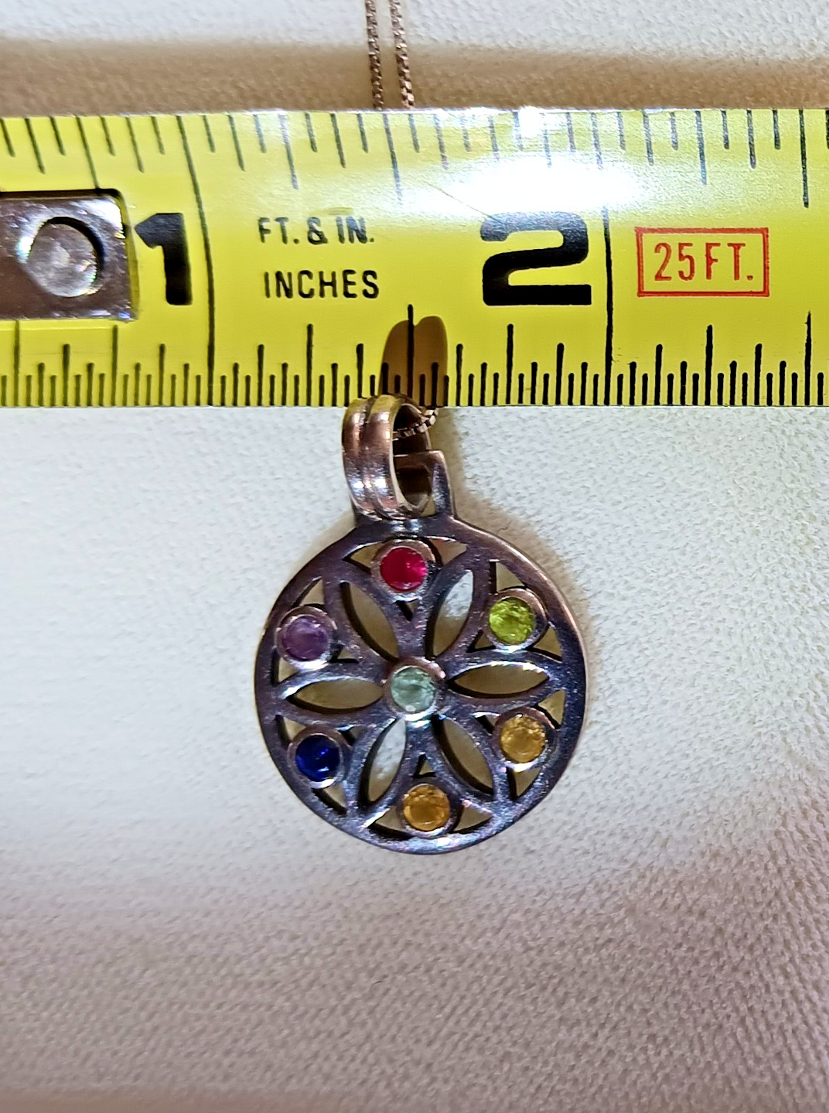 VINTAGE FLOWER OF LIFE .75″ DAIM 925 STERLING SILVER PENDANT GEMSTONES 18″ CHAIN