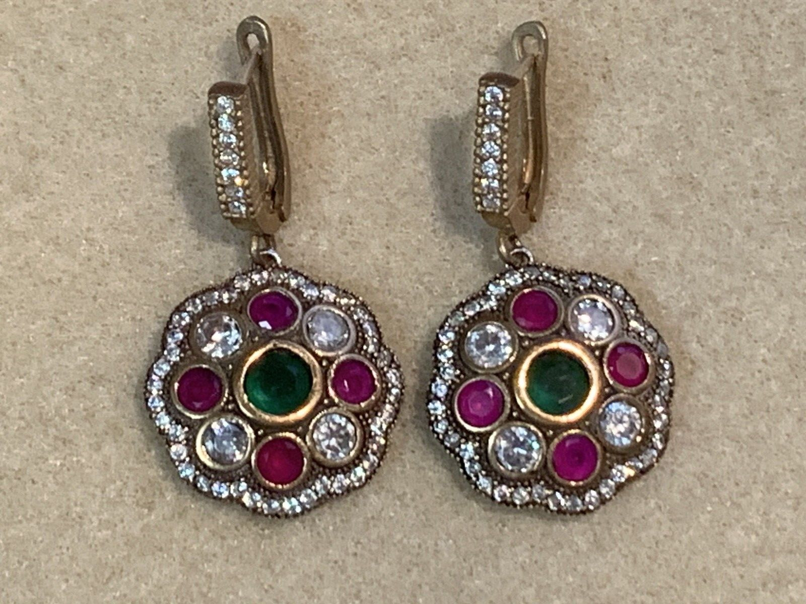 HUGE SALE**ESTATE VTG. EMERALD/RUBY/WHITE ZIRCON OTTOMAN EARRINGS-NEVER WORN