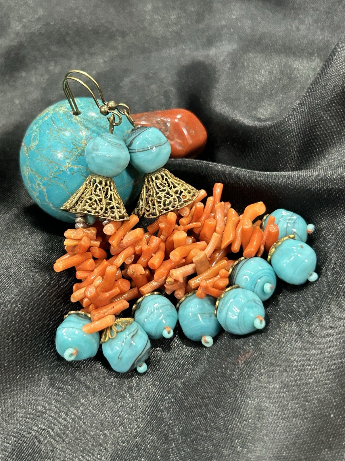 Vintage Coral And Art Glass Earrings Orange Turquoise Summer Beach Hot Dangle