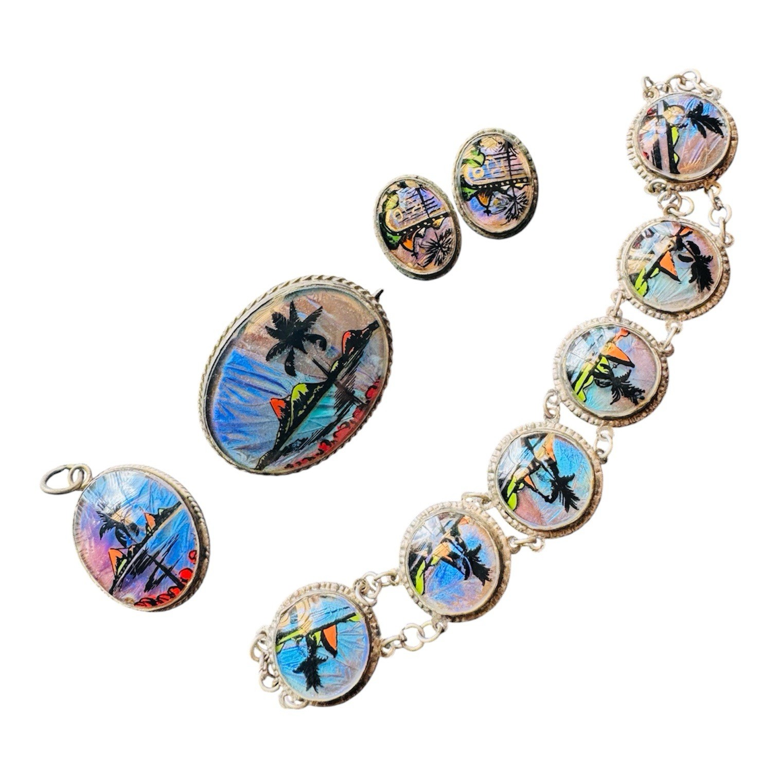 Vintage Alfano Brazil Butterfly Wing Jewelry Set Estate Find