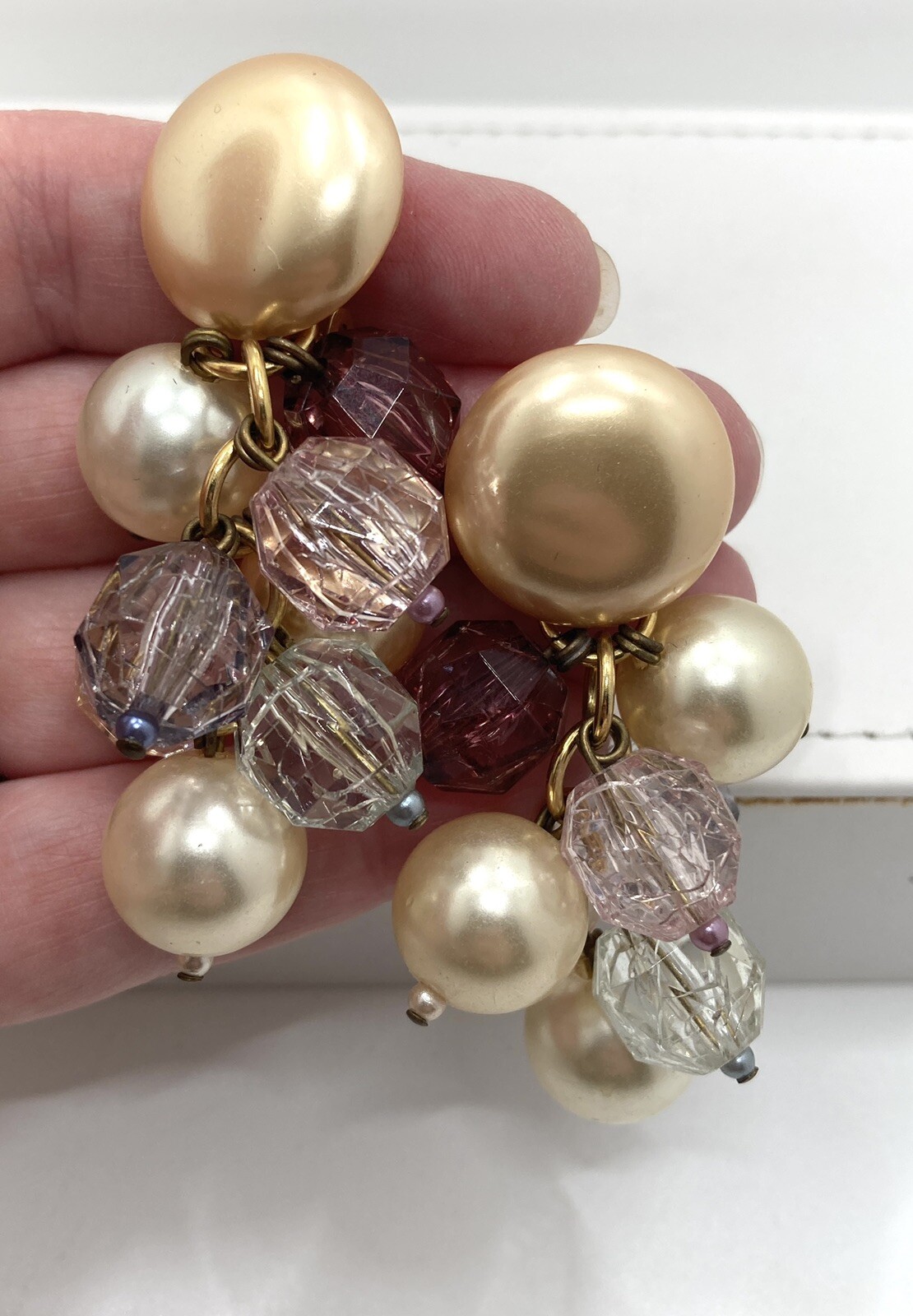 Vintage CHAMPAGNE FAUX PEARL LAVENDER Bead Cluster 3″ Dangle Earrings SNAZZY