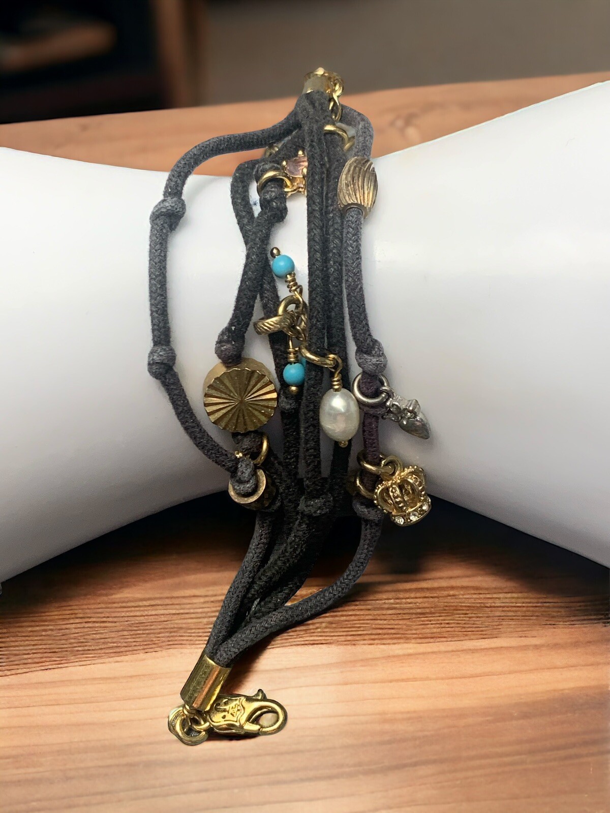 Vintage Juicy Couture Charm Pearl Bracelet Black Cotton, Multi Strand 6.5-7.5”