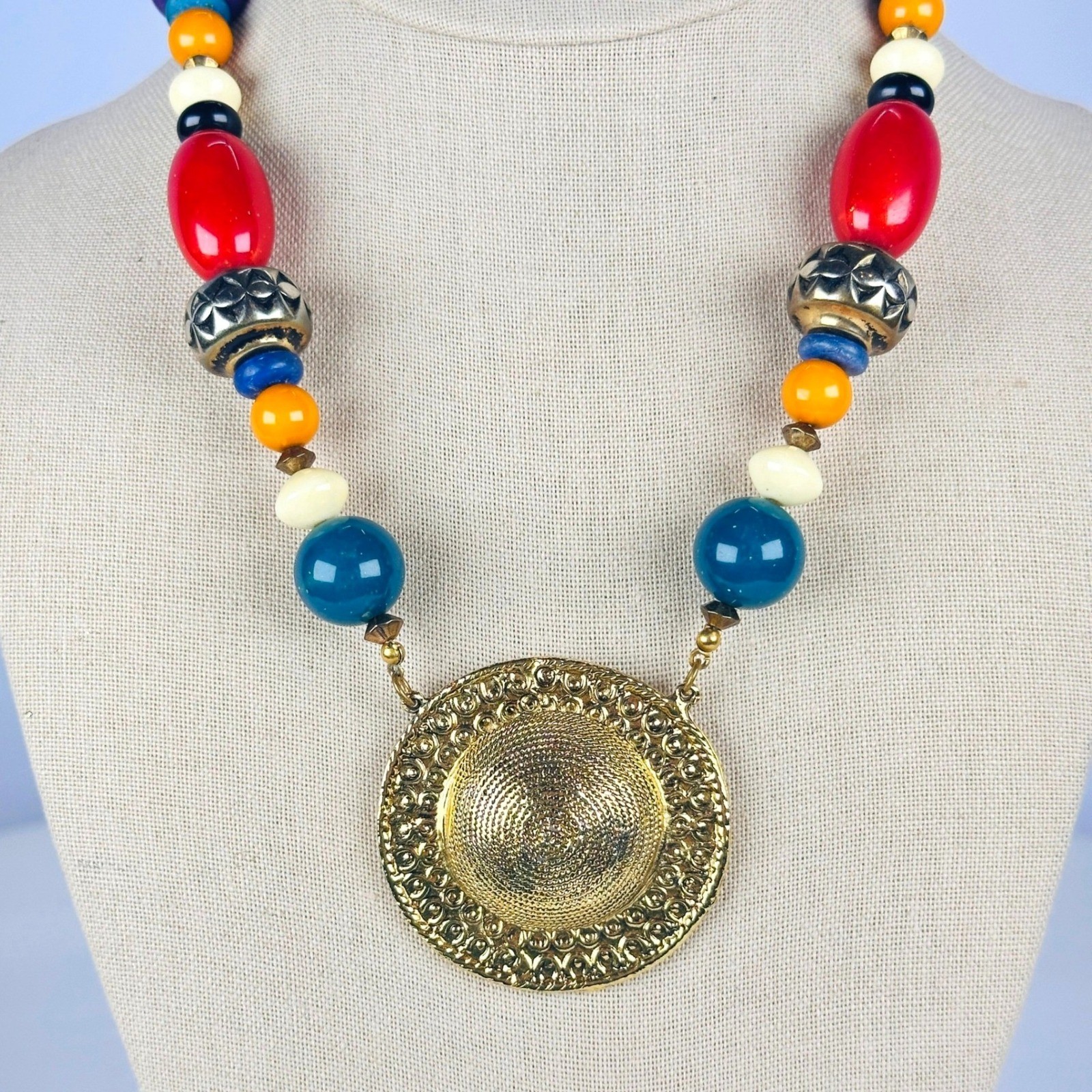 Carol Dauplaise Vintage Designer Multicolor Bead Gold Medallion Necklace Boho