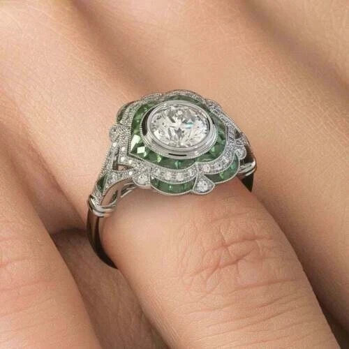 Vintage Art Deco Style 3Ct Lab Created Diamond Engagement 14K White Gold FN Ring