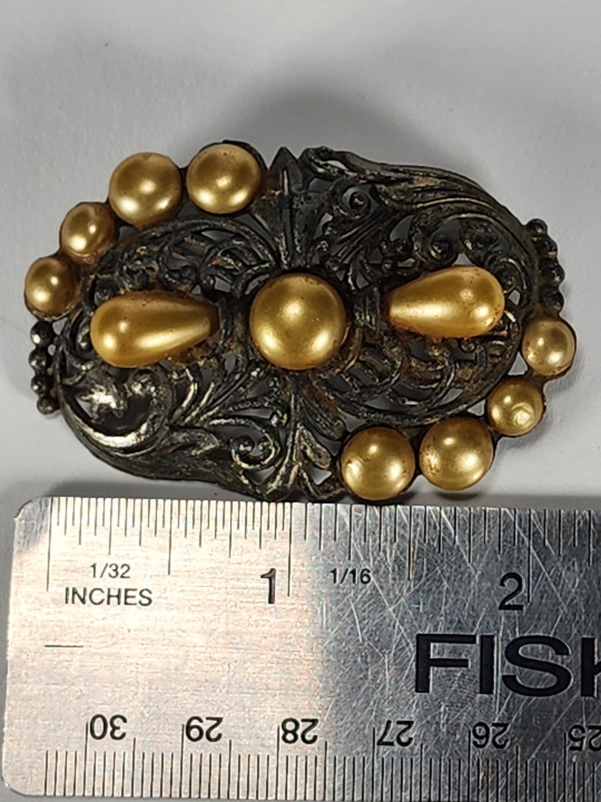 Vintage Little Nemo LN/25 Brooch – Silver Tone Filigree & Faux Yellow Pearl