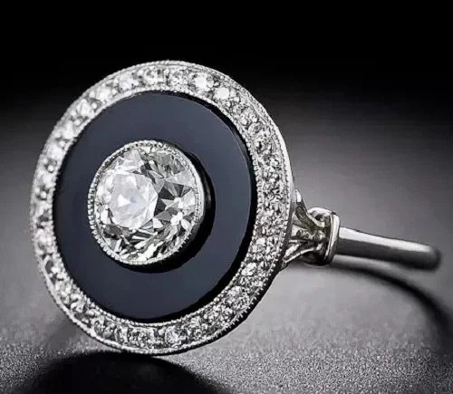 Art Deco Style Lab-Created Diamond & Black Onyx Wedding 14k White Gold FN Ring