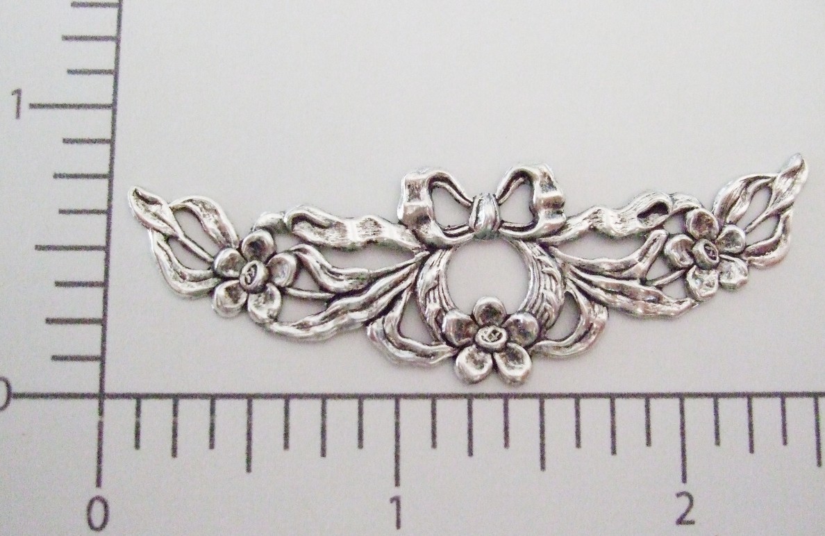 13324 – 2 Pc. Ornate Flowing Bow W/ Flowers Ornament Silver Ox